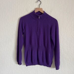 Enzo Mantovani 100% Cashmere 1/4 Zip Mock Neck Sweater Large Purple Ribbed Knit